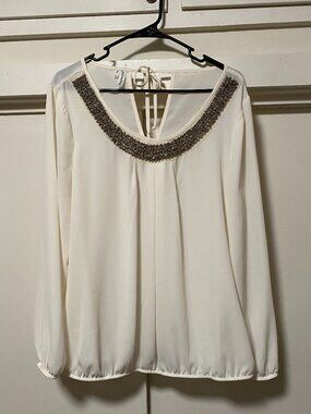 Maurices, long sleeve white blouse w/silver beaded neckline, size 0